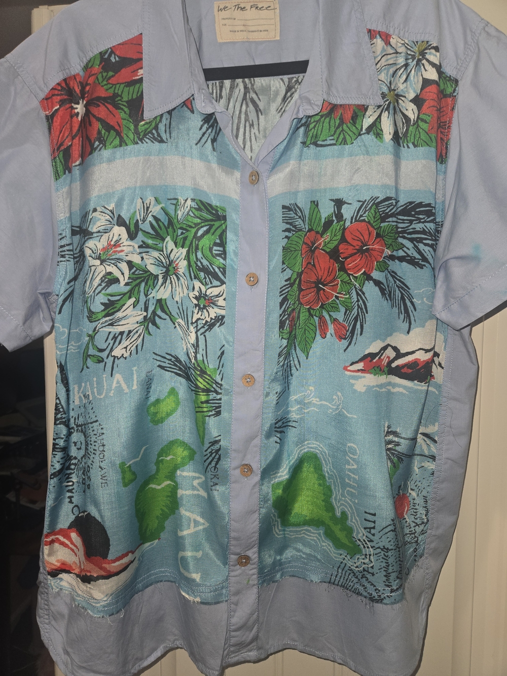 FREE PEOPLE Light Blue Hawaiian Floral Camp Shirt SIZE XL - Picture 4 of 7